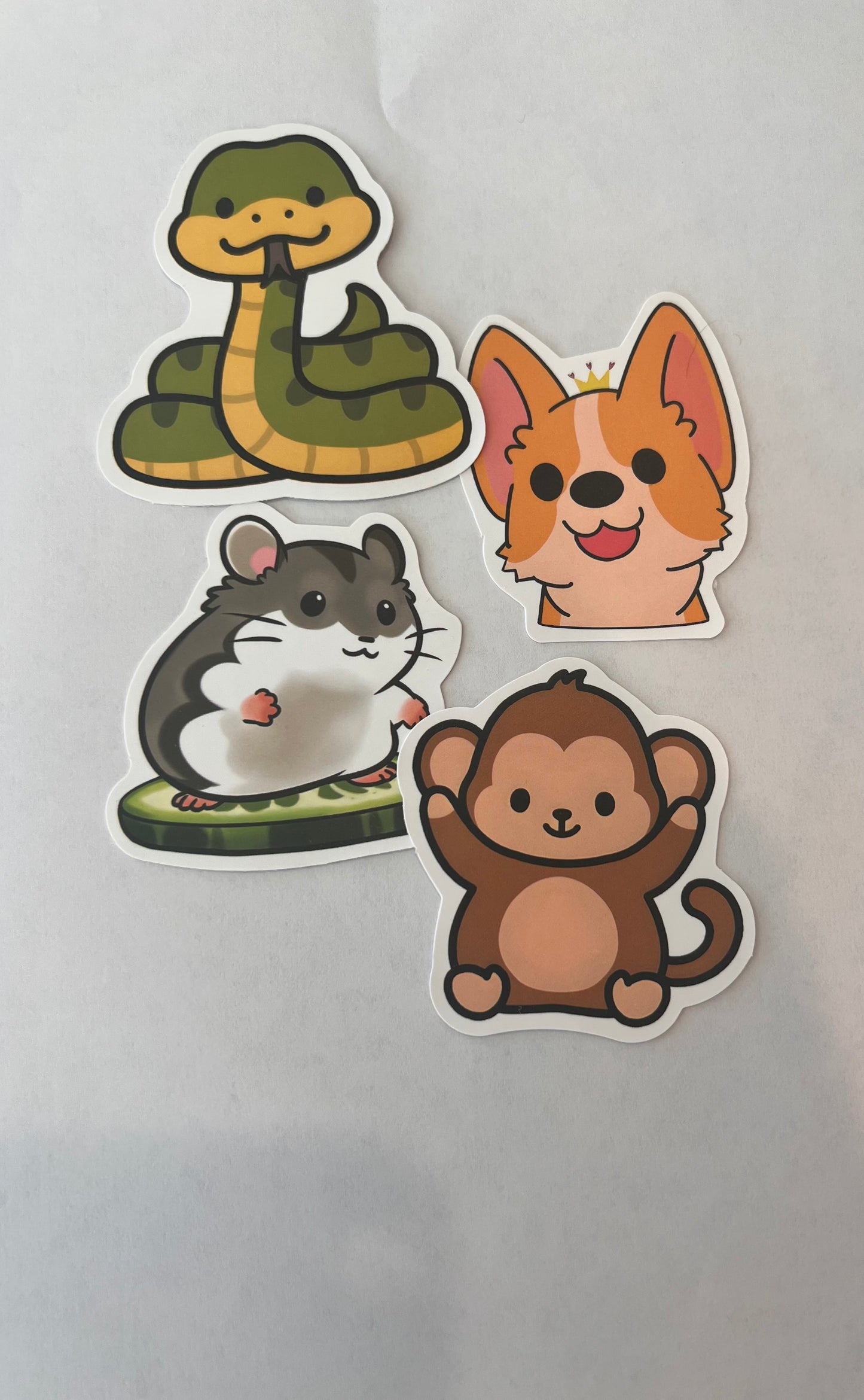 Stickers, Assorted, Reptile, Amphibian, Mammal, Aquatic. Featured in photo: Hamster, Snake, Dog with Crown, Monkey